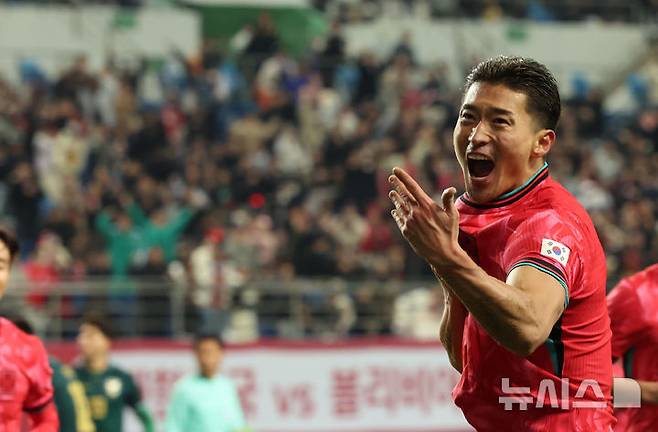 조규성이 지난 14일 대전월드컵경기장에서 열린 대한민국과 볼리비아의 평가전에서 추가골을 넣은 뒤 기뻐하고 있다. /사진=뉴시스