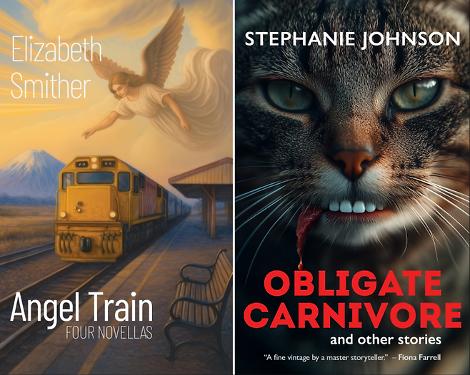 엘리자베스 스미더의 '엔젤 트레인'(왼쪽)과 스테파니 존슨의 '오블리게이트 카니보어'(오른쪽)는 표지 디자인. 이 표지 디자인은 AI 디자인 사용해 2026년 오컴크햄 후보에서 제외됐다. 가디언