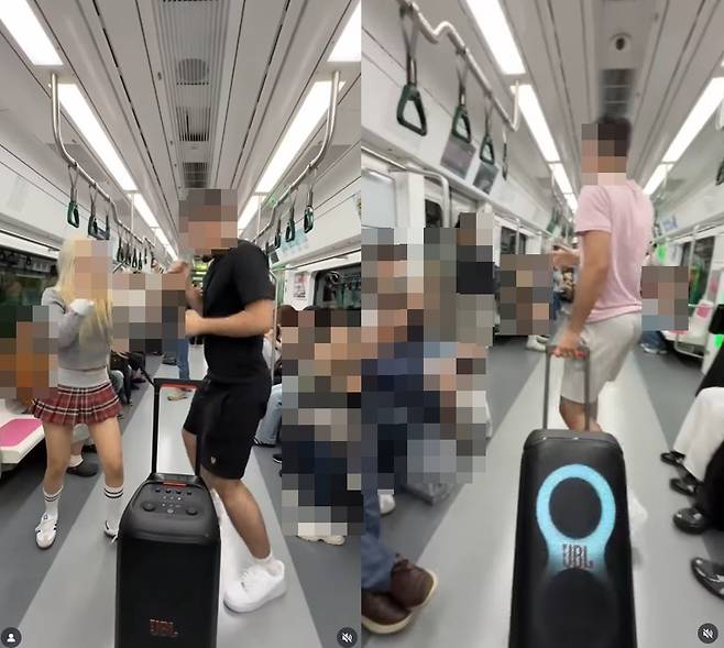서울 지하철에서 외국인 틱톡 이용자가 대형 스피커로 케이팝 아이돌 노래를 틀고 지하철을 활보하는 모습. 틱톡 @shayanparstv 캡처