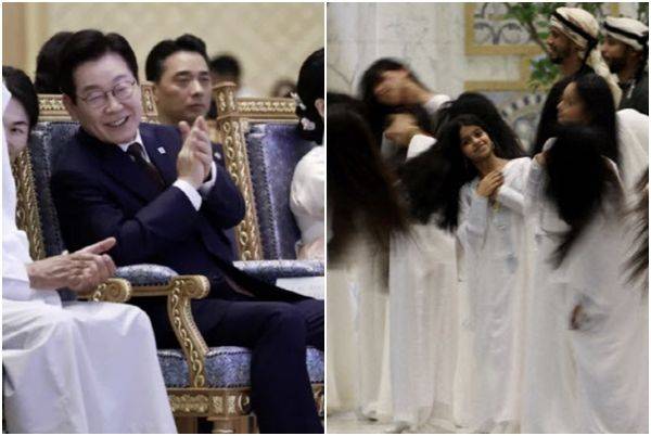 아랍에미리트(UAE)를 국빈 방문 중인 이재명 대통령이 18일(현지시간) 아부다비 대통령궁에서 열린 한-UAE 문화교류 행사에서 나얀 빈 무바라크 알 나흐얀 UAE 관용공존부 장관과 대화하고 있다. 오른쪽은 김혜경 여사. 측 사진은 난 5월 15일 아랍에미리트 아부다비를 방문한 도널드 트럼프 미국 대통령 환영식에서 소녀들이 긴 머리를 좌우로 흔드는 알 아얄라(Al-Ayyala) 전통 환영의식을 하고 있는 모습. 사진=연합뉴스