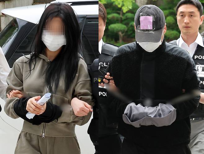 A woman surnamed Yang, and her partner, a man surnamed Yong, accused of blackmailing national team football player Son Heung-min, attend a warrant hearing at Seoul Central District Court in Seocho District, southern Seoul, on May 17. [NEWS1]