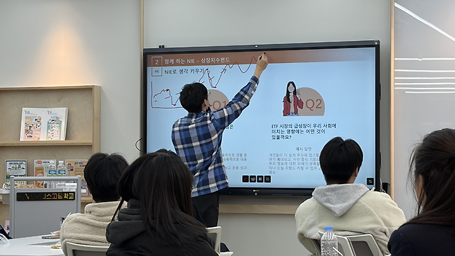 임성택 연구원이 상장지수펀드(ETF)에 대해 그래프를 그려 설명하고 있다. [전지원 인턴기자]