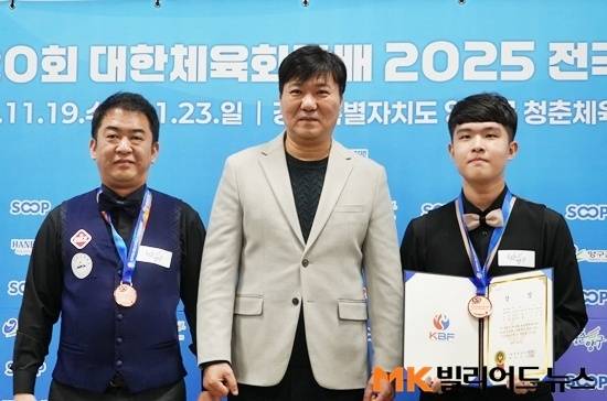‘제20회 대한체육회장배 전국당구대회’ 공동3위에 오른 송현일과 김도현이 대한당구연맹 성인철 대회위원장과 포즈를 취하고 있다. (왼쪽부터) 송현일 성인철 위원장 김도현.