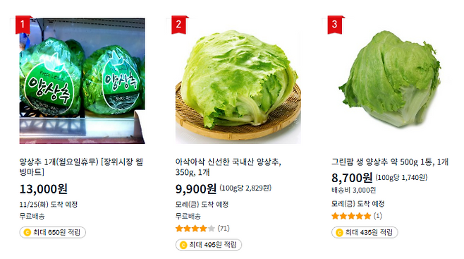 온라인 쇼핑몰에서 판매하고 있는 양상추. 가격이 1만원 내외로 책정돼 있다.[쿠팡 홈페이지 갈무리]