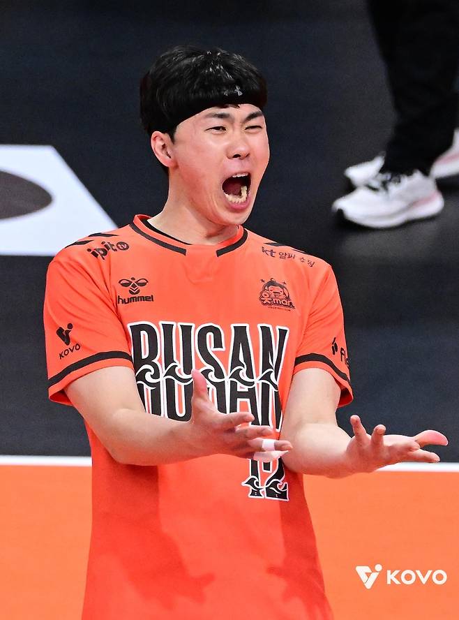 득점 후 기뻐하는 OK저축은행의 전광인 [한국배구연맹 제공. 재판매 및 DB 금지]