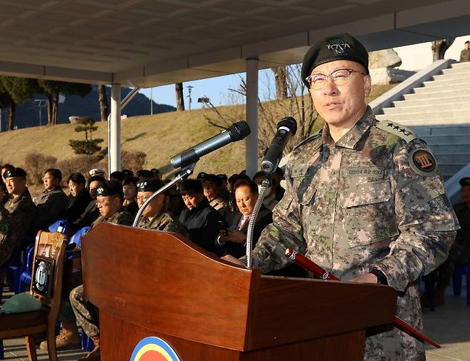 취임사 하는 이상렬 육군 3군단장 [육군 3군단 제공. 재판매 및 DB 금지]