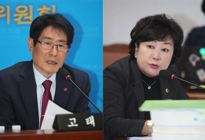 고태민 제주도의회 문화관광체육위원장(국민의힘·애월읍갑)과 박두화 의원(더불어민주당·비례대표)이 20일 내년도 예산안 심사에서 질의하고 있다.