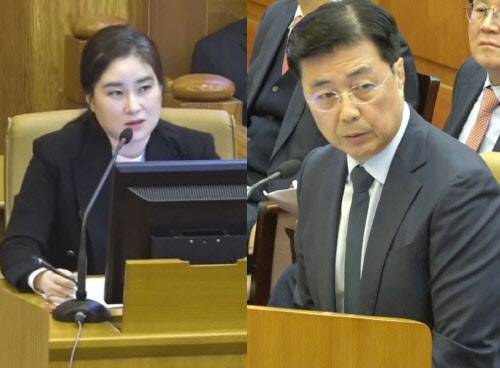 올해 2월 4일 서울 종로구 헌법재판소에서 열린 윤석열 대통령 탄핵심판 5차 변론기일 당시 윤석열 대통령 변호인 김계리 변호사(왼쪽), 홍장원 국가정보원 전 1차장 (사진=뉴스1)