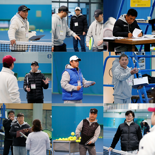 제35차 지도자 강습회에서 참가자들을 지도 교육한 테스터들. 김옥한 실무부회장, 정이용, 장충호 교육부회장, 양순재, 차승한 총무이사, 정철호, 문우준, 이상준, 정민준(왼쪽 위부터 순서대로)