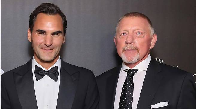 지난 9월 레이버컵 때 로저 페더러와 그의 어릴 적 우상이던 보리스 베커. 사진/ATP 투어