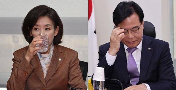 국민의힘 나경원 의원이 ‘국회 패스트트랙 충돌 사건’ 1심 선고 결과와 관련한 기자회견을 하기 전 물을 마시고 있다. 오른쪽은 같은 당 송언석 원내대표가 이 사건 1심 선고 전 국회 의원회관에서 열린 ‘이재명 정부 예산 포퓰리즘 이대로 괜찮은가’ 토론회에서 생각에 잠겨 있는 모습.   김정록 기자 연합뉴스