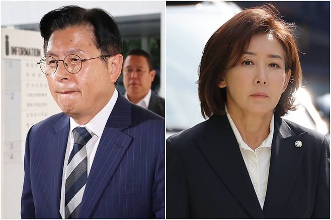 자유와혁신 황교안 대표(왼쪽)와 국민의힘 나경원 의원이 9월 15일 서울 양천구 서울남부지방법원에서 열린 '국회 패스트트랙(신속처리안건) 충돌 사건' 1심 결심 공판에 출석하고 있다. / 사진=연합뉴스