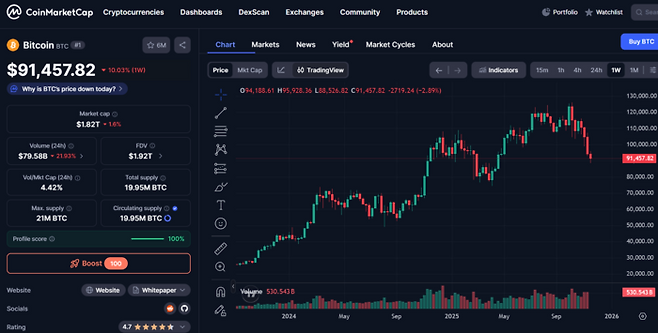 20일 코인마켓캡 기준 비트코인 가격이 9만 1457달러를 기록하며 일주일 새 10% 넘게 급락했다. 차트는 올해 초 고점 대비 계단식 하락세를 보이며 2025년 들어 가장 가파른 하락 곡선을 그리고 있다. 투자자들의 심리적 마지노선인 9만 달러 붕괴가 초읽기에 들어갔다는 분석이다. [출처=코인마켓캡]