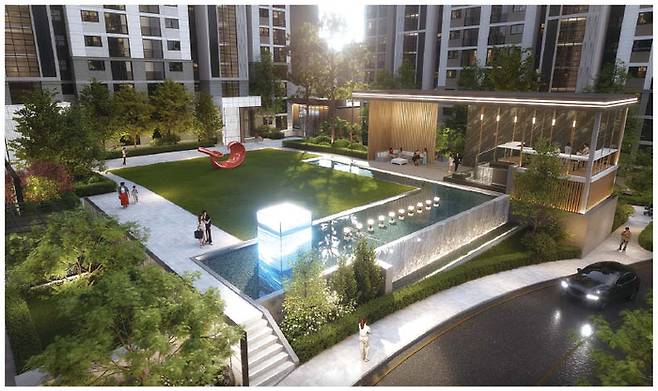 현대건설의 리뉴얼 신사업 ‘더뉴하우스’를 통해 이주·철거 없이 대수선 사업을 진행할 서울 강남구 ‘삼성힐스테이트2차’ 단지 전경과 더뉴하우스를 적용한 조감도. (윤관식 기자, 현대건설 제공)