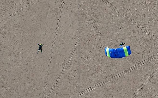 스카이다이버 가브리엘 브라운이 태양 앞 실루엣 촬영에 나섰던 실제 점프 장면. 약 1,070m 상공에서 자유낙하를 한 뒤 낙하산을 펼치는 과정이 드론 영상으로 포착됐다. 앤드루 매카시 인스타그램