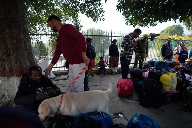 인도 델리의 유적지 레드포트 인근에서 최근 차량 폭발 테러가 발생한 이후 경계가 강화된 가운데 파키스탄 국경과 가까운 잠무카슈미르 연방직할지 잠무의 기차역에서 보안 요원이 탐지견을 끌고 승객들을 철저히 검사하고 있다. 2025.11.17 AP 연합뉴스