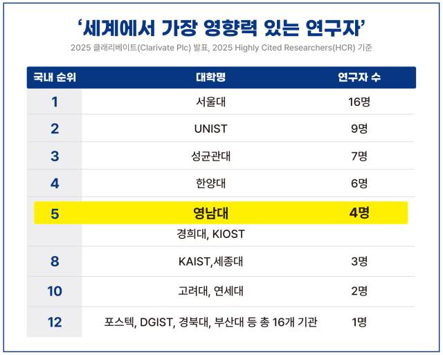 2025 세계에서 가장 영향력 있는 연구자 국내 순위표. 영남대 제공
