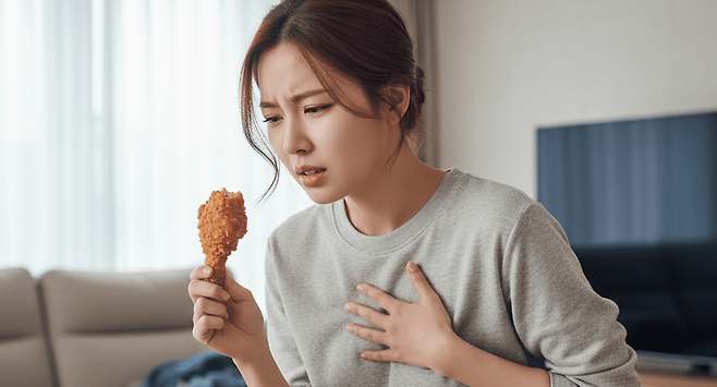 타는 듯한 가슴 통증... 약보다 '식탁' 점검이 우선… 자극적인 음식 피해야｜출처: Gemini 생성