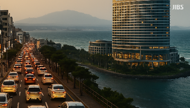 붐비는 도로와 환한 호텔 조명이 공존하는 해안 풍경. 사람은 늘었는데 돈은 돌지 않은, 제주관광의 비대칭 회복을 드러낸 장면. (편집 이미지)