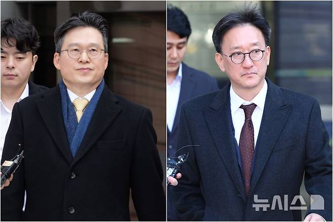 [서울=뉴시스] 황준선 기자 = 채상병 순직 사건 수사를 방해한 혐의를 받는 김선규(왼쪽), 송창진 전 고위공직자범죄수사처 부장검사가 17일 서울 서초구 서울중앙지방법원에서 열린 구속 전 피의자 심문(영장실질심사)을 마친 뒤 법정을 나서고 있다. 2025.11.17. hwang@newsis.com