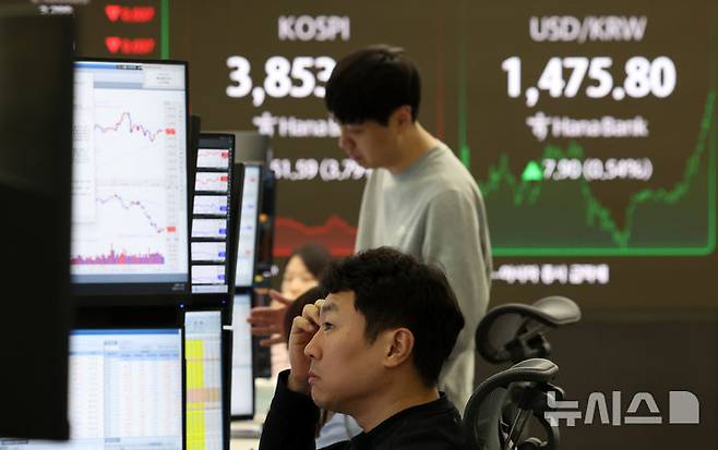 [서울=뉴시스] 이영환 기자 = 코스피가 전 거래일(4004.85)보다 51.59포인트(3.79%) 하락한 3853.26에 장을 마감한 21일 오후 서울 중구 하나은행 딜링룸에서 직원이 업무를 보고 있다.코스닥 지수는 전 거래일(891.94)보다 27.99포인트(3.14%) 내린 863.95, 서울 외환시장에서 원·달러 환율은 전 거래일 주간거래 종가(1467.9원)보다 7.7원 오른 1475.6원에 주간 거래를 마감했다. 2025.11.21. 20hwan@newsis.com