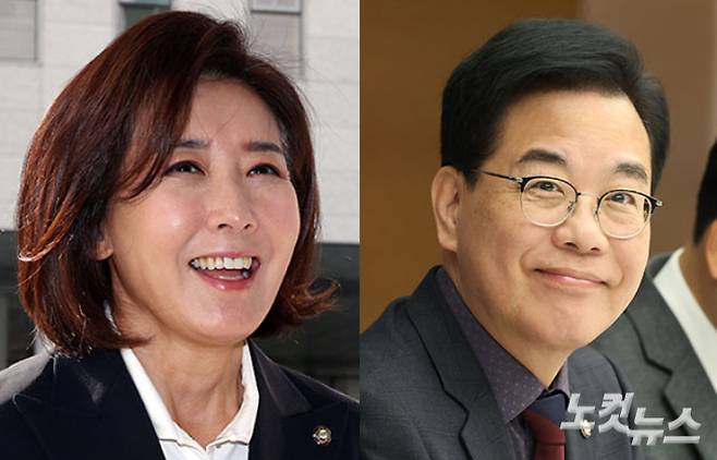 국민의힘 나경원 의원(왼쪽)과 송언석 의원. 황진환 기자