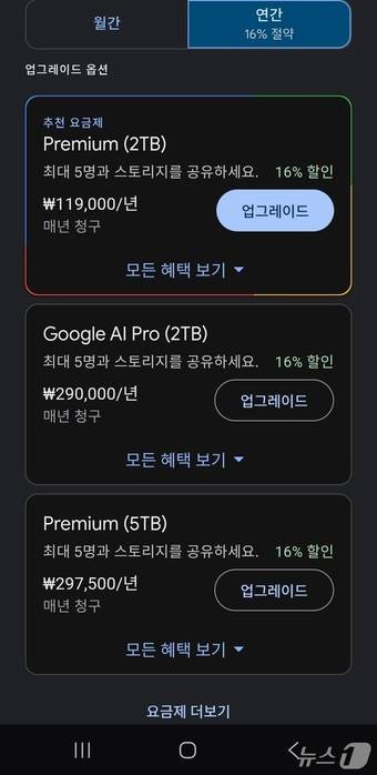 구글 드라이브 클라우드 연간 요금 등급별 가격 갈무리 2025.11.21 뉴스1 ⓒ News1 김민석 기자