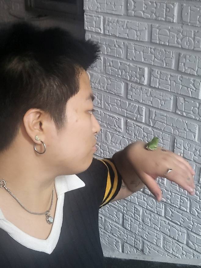 준이 손 위에 올라앉은 개구리를 쳐다보고 있다.
