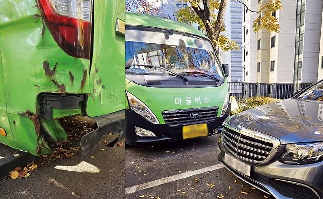 지난 10일 서울 마포구 한 아파트 단지에 나란히 주차된 마을버스와 운영회사 법인 명의의 메르세데스벤츠 승용차. 마을버스는 곳곳이 녹슬고 찌그러진 반면(왼쪽 사진) 회사 경영진이 타고 다니는 벤츠 차량은 깨끗하게 유지되고 있다.  /권용훈 기자
