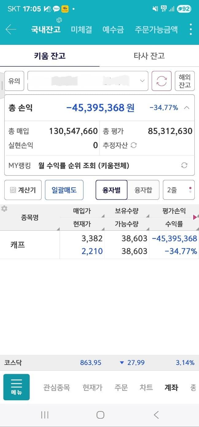 캐프에 약 1억3000만원을 투자한 독자의 21일 장 마감 후 계좌. 독자 제공