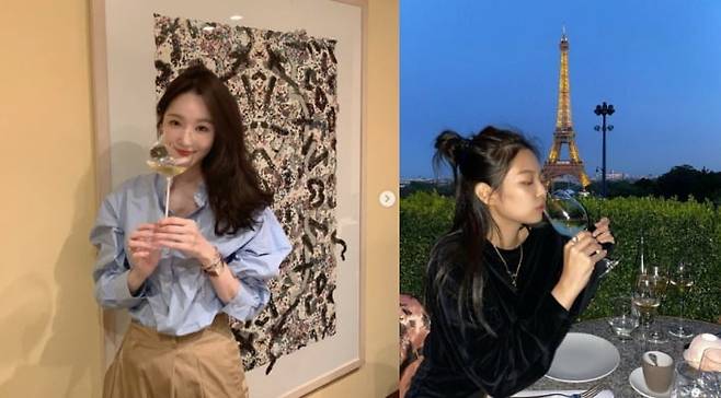 화이트와인을 즐기는 가수 강민경과 제니. 사진=SNS 캡처