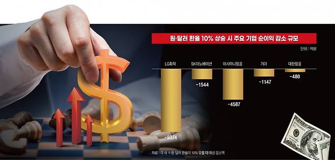 원·달러 환율 10% 상승 시 주요 기업 순이익 감소 규모. 그래픽=박명규 기자