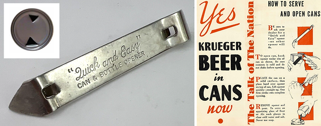 (왼쪽) 이베이 등 경매 사이트에 곧잘 올라오는 빈티지 병따개. “퀵 앤 이지” 캔 & 병따개라고 적혀 있다. 캔의 상단 테두리에 병따개를 건 채로 손잡이를 들어 올리면, 뾰족한 부분이 주둥이 부분에 구멍을 뚫는 방식이다. 일반적으로 반대쪽에도 작은 구멍을 뚫어 공기가 유입되도록 했다(좌상단 작은 사진 참조). 100년 가까이 된 골동품이지만 워낙 대중적으로 쓰인 공산품이다 보니 경매 가격은 커피 한잔 수준이다. (오른쪽) 1930년대 캔 맥주를 즐기는 방법. [사진 출처=이베이·인터넷 커뮤니티·SOUTHERN OREGON DIGITAL ARCHIVES(SODA). ©William D. Schroeder]