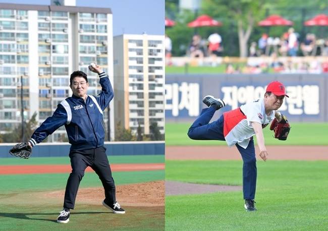 노관규 순천시장(사진 왼쪽)과 정기명 여수시장이 야구 경기 시구를 하고 있다.