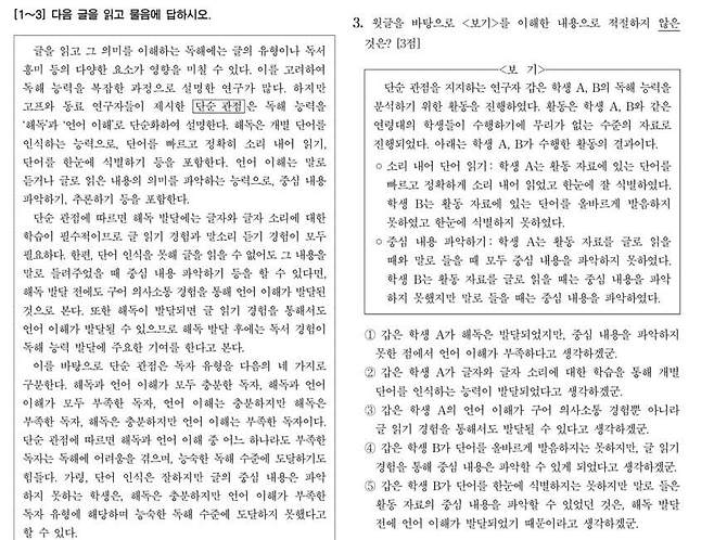 지문 오류와 복수 정답 주장이 제기된 2026학년도 수능 국어 영역 3번 문항. 한국교육과정평가원 제공.