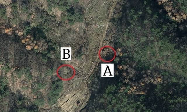 ▲ A 족보의 기록으로 밝혀진 조부 구광터. B 조부묘로 알려졌던 곳. 위성사진.