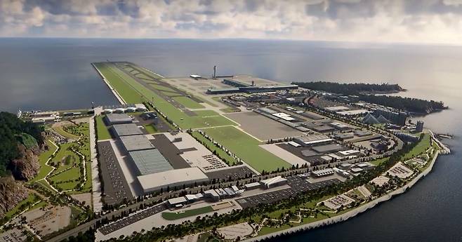 A still from a promotional video for the Gadeok Island New Airport is screened during a vision and strategy declaration ceremony at Busan City Hall on Jan. 11, 2024. [BUSAN METROPOLITAN GOVERNMENT]