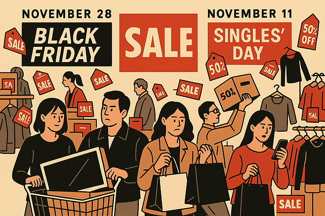 국내 유통업계가 미국 블랙프라이데이와 중국 광군제 등 글로벌 할인행사 시즌인 11월을 맞아 할인 공세에 나섰다. ⓒChat GPT 생성이미지
