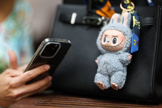 A Labubu key ring doll hangs on a handbag. [TASS]
