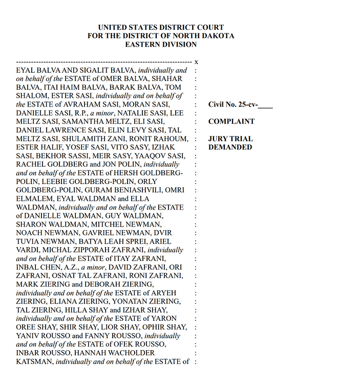 하마스의 2023년 10월 7일 공격 피해자와 유가족 등 수백 명의 원고가 바이낸스에 제기한 소송의 표지. 이들은 바이낸스가 테러 단체에 자금 조달을 고의로 도왔다며 손해배상을 청구했으며, 사건은 미국 노스다코타 연방법원에 접수됐다. [출처=미국 노스다코타 연방법원]