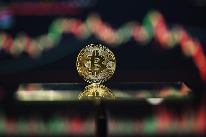 비트코인 월간 가격 차트가 표시된 화면 앞에 금도금 비트코인 기념품이 놓여 있는 모습. 비트코인은 지난달 초 12만6000달러를 넘어 사상 최고치를 기록한 이후 급락했다. [AFP]