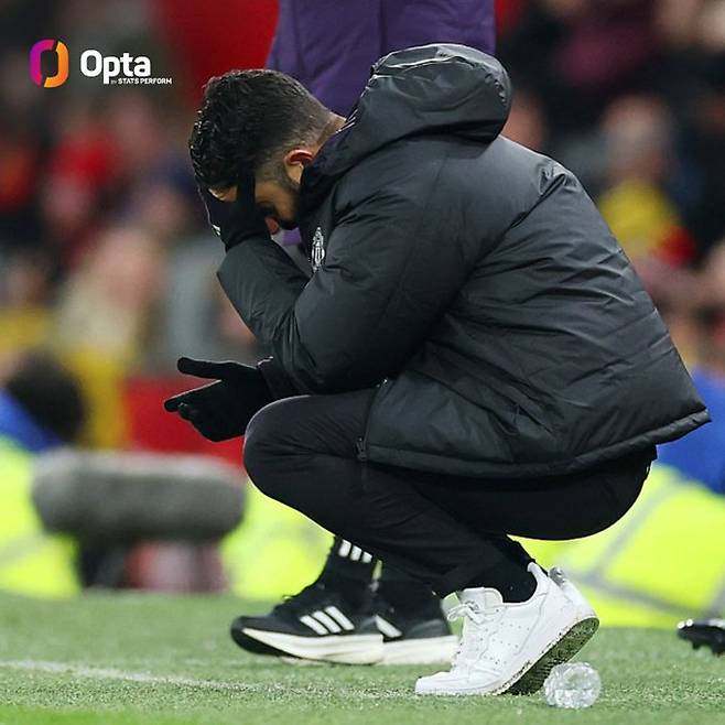 후벵 아모림 맨체스터 유나이티드 감독이 고개를 숙이고 있다. /사진=옵타 사회관계망서비스(SNS)