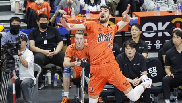 부산 OK저축은행 읏맨의 디미트로프가 지난 18일 프로배구 V리그 KB손해보험과의 경기에서 강타를 날리고 있다. OK저축은행 제공