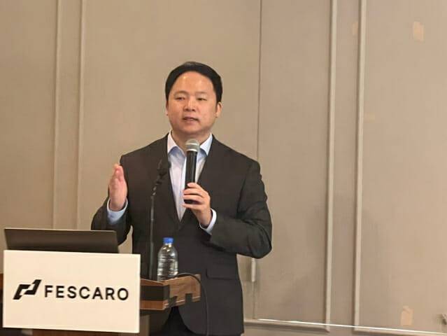 홍석민 페스카로 대표가 26일 간담회에서 발표하고 있다. (사진=지디넷코리아 신영빈 기자)