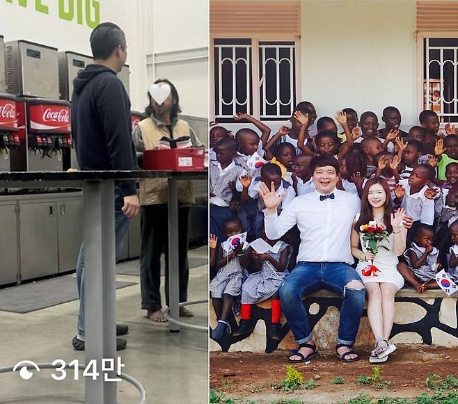 올해로 결혼 10년 차인 송주현 나은비 부부는 지난 7일 경기도 화성시 동탄 트레이더스에서 노숙인을 만나 식사를 대접하고 신발을 선물했다. 송씨가 노숙인과 대화하는 장면. 오른쪽 사진은 두 사람이 10년 전 결혼하면서 아프리카 우간다에 지은 학교에서 기념촬영을 하는 모습이다. 부부 제공