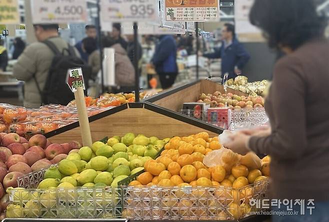 올해산 제주감귤이 상품품질 기준을 '맛' 중심으로 개선한 후 소비시장에서 좋은 반응을 얻고 있다. 사진은 농협하나로마트 과일 판매대.&nbsp;