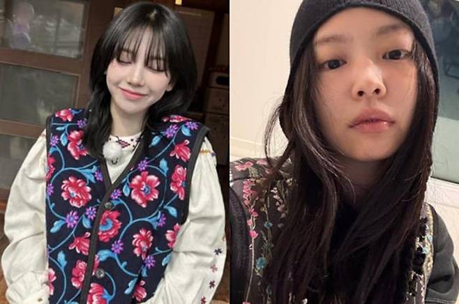 '김장 조끼'를 입은 에스파 카리나(왼쪽)와 블랙핑크 제니./사진=카리나, 제니 인스타그램