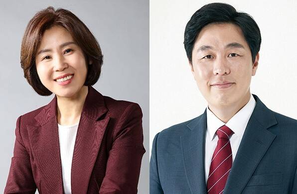 국민의힘 김미애(부산 해운대을) 의원(왼쪽)과 부산시의회 김태효(해운대3) 시의원. 부산일보DB