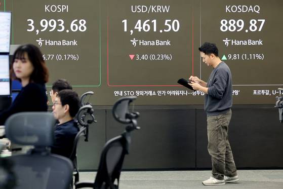 28일 오전 코스피 지수는 전 거래일보다 6.77포인트(0.17%) 오른 3993.68, 코스닥 지수는 9.81포인트(1.11%) 오른 889.87을 나타내고 있다. 원·달러 환율은 전 거래일 주간거래 종가보다 3.4원 내린 1461.5원에 출발했다. 연합뉴스