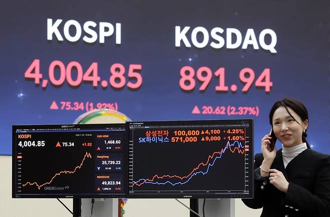 11월 20일 서울 여의도 한국거래소 전광판에 종가가 나오고 있다. 사진=한국경제DB